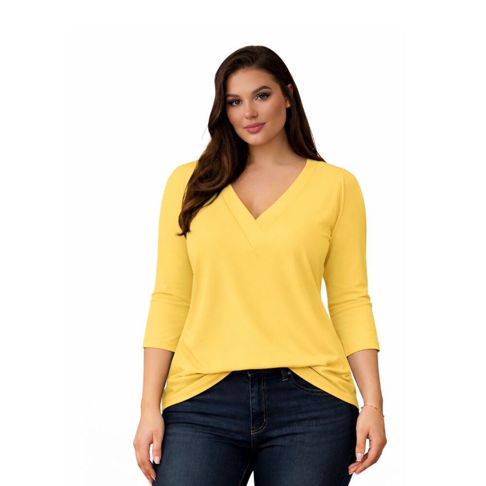 Women’s 3/4 Sleeve V Neck Tops Loose Fit T Shirt, YELLOW, Size LARGE